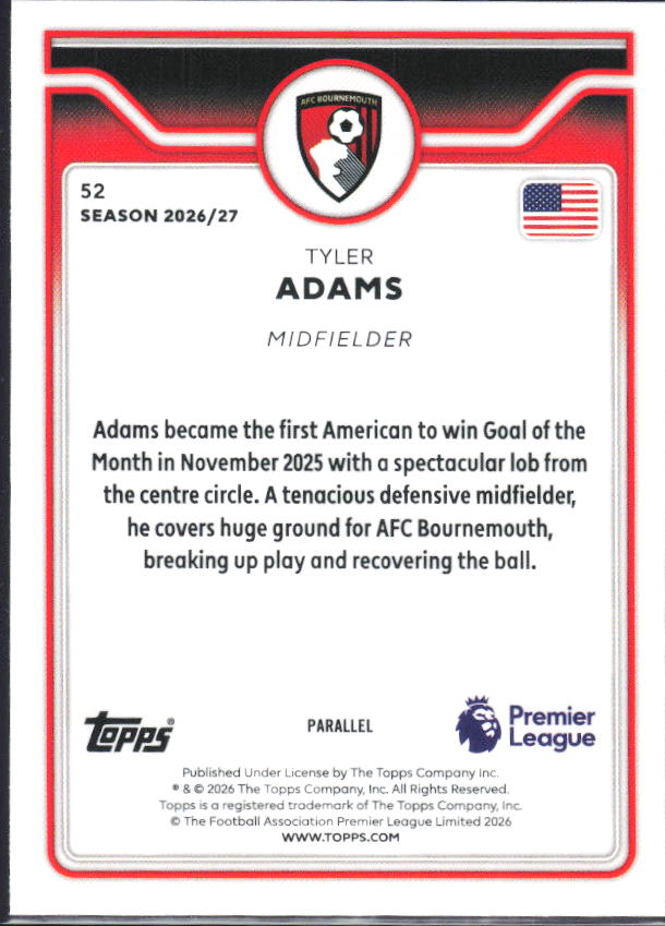 2026-27 Topps Premier League Tyler Adams #52 Blue /150 – baksida