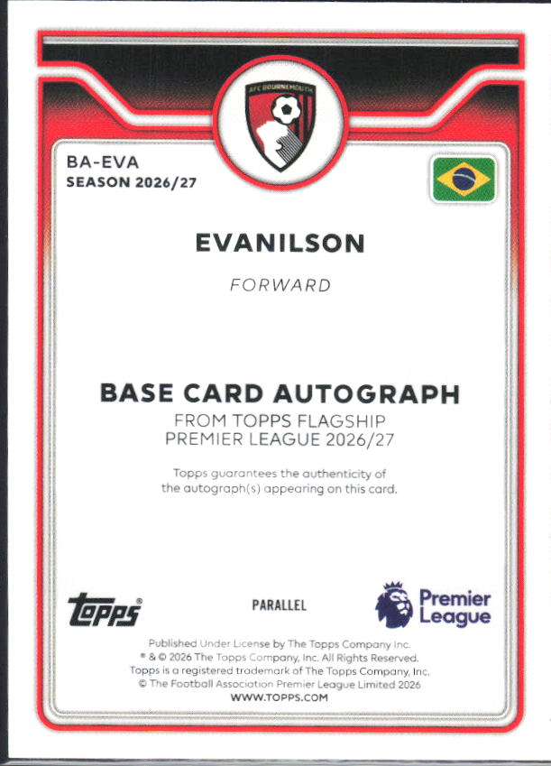 2026-27 Topps Premier League Evanilson #BA-EVA Autograph Purple /199 – baksida