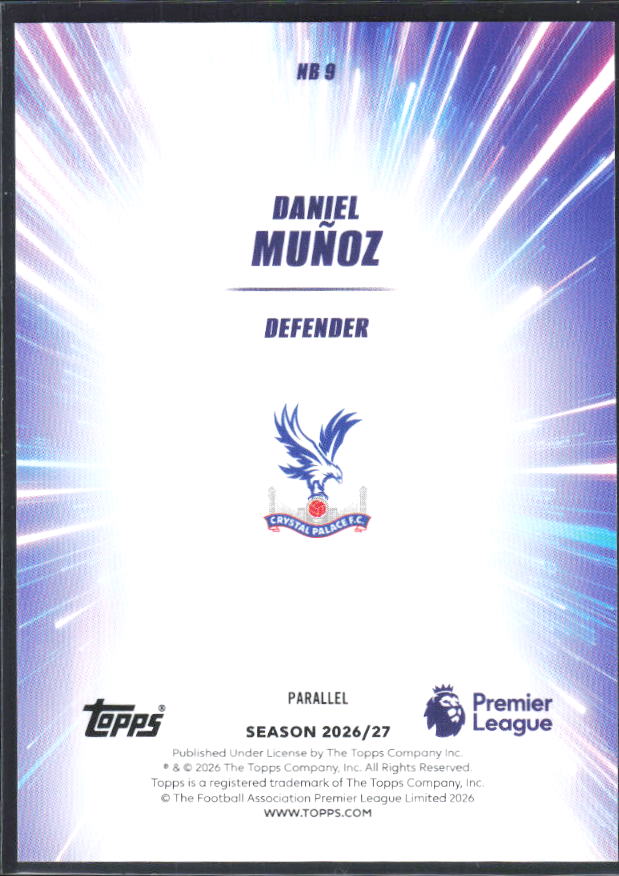 2026-27 Topps Premier League Daniel Muñoz #NB9 Nitro Boost Blue /150 – baksida