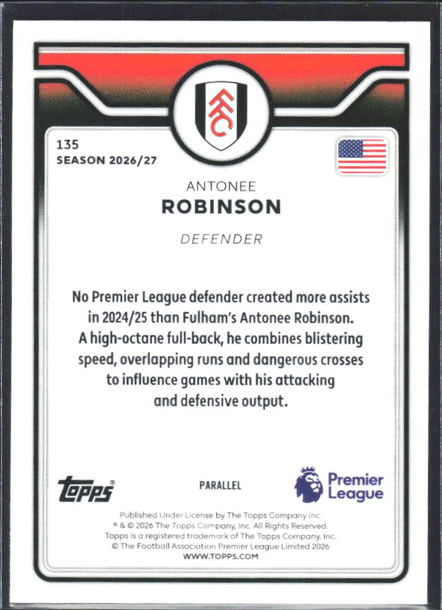 2026-27 Topps Premier League Antonee Robinson #135 Gold /50 – baksida