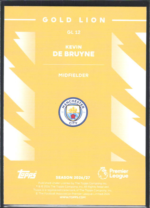 2026-27 Topps Premier League Kevin De Bruyne #GL12 Gold Lion – baksida