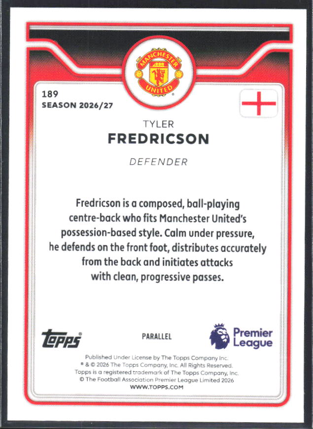 2026-27 Topps Premier League Tyler Fredricson #189 Rookie Gold /50 – baksida
