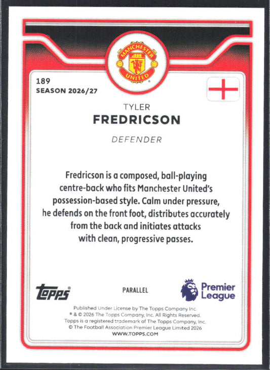 2026-27 Topps Premier League Tyler Fredricson #189 Rookie Gold /50 – baksida