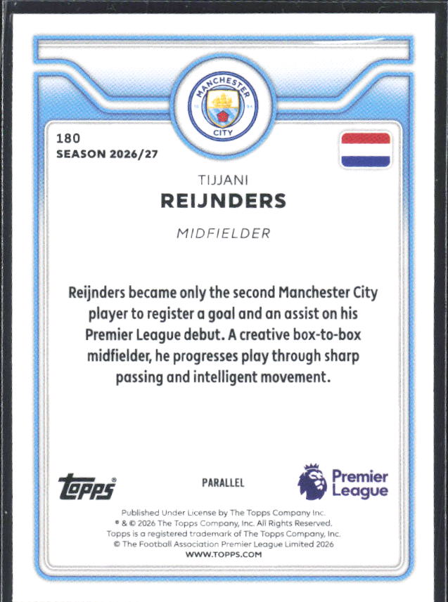 2026-27 Topps Premier League Tijjani Reijnders #180 Orange /25 – baksida