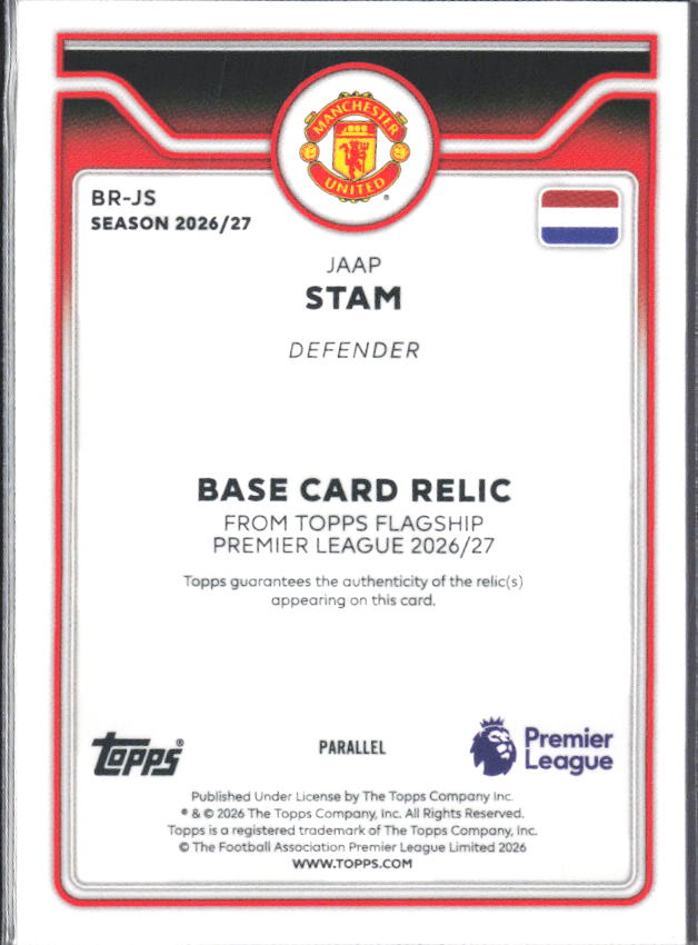 2026-27 Topps Premier League Jaap Stam #BR-JS Relic Green /99 – baksida