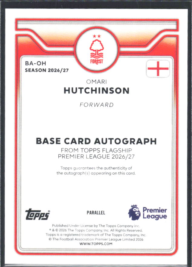 2026-27 Topps Premier League Omari Hutchinson #BA-OH Autograph Blue /150 – baksida