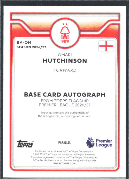 2026-27 Topps Premier League Omari Hutchinson #BA-OH Autograph Blue /150 – baksida