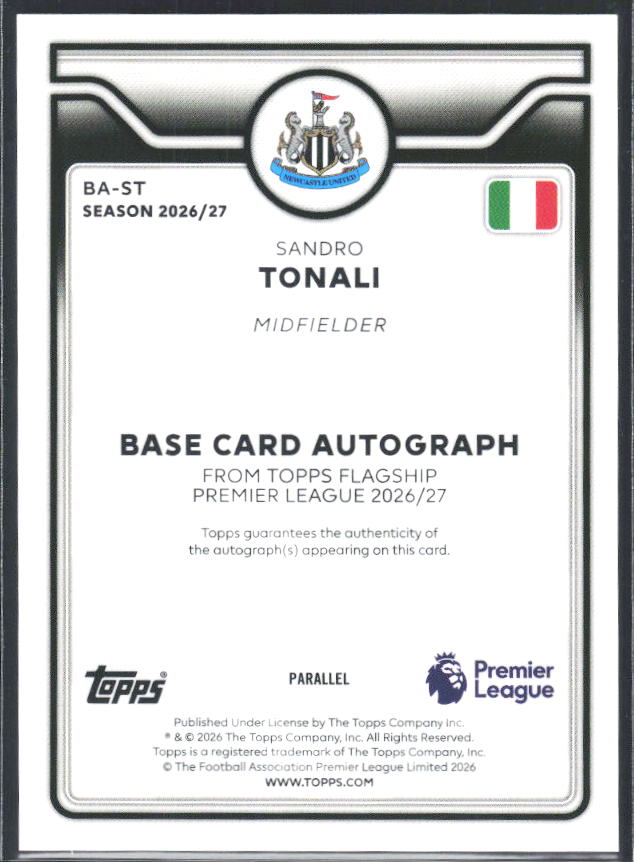 2026-27 Topps Premier League Sandro Tonali #BA-ST Autograph Green /99 – baksida
