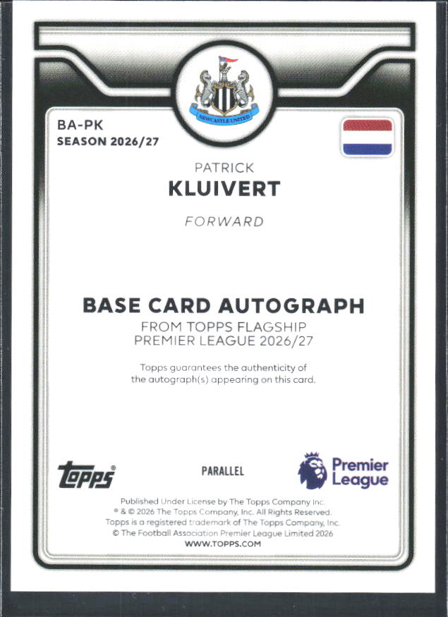 2026-27 Topps Premier League Patrick Kluivert #BA-PK Autograph Black & White /75 – baksida
