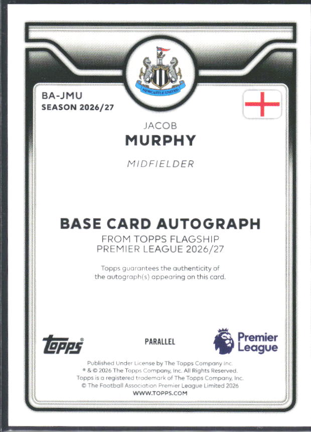 2026-27 Topps Premier League Jacob Murphy #BA-JMU Autograph Orange /25 – baksida
