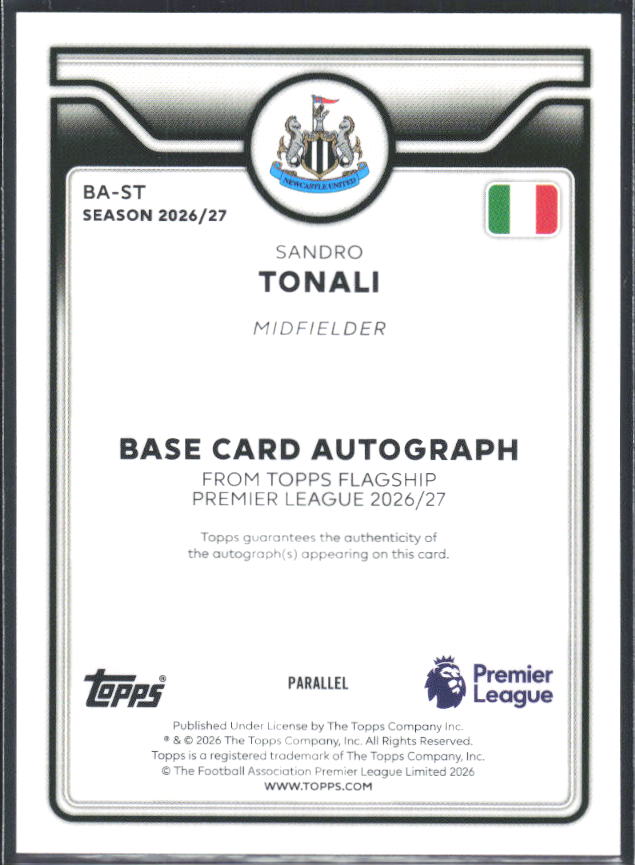 2026-27 Topps Premier League Sandro Tonali #BA-ST Autograph Blue /150 – baksida