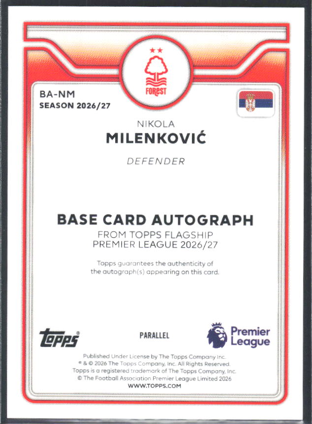 2026-27 Topps Premier League Nikola Milenković #BA-NM Autograph Purple /199 – baksida