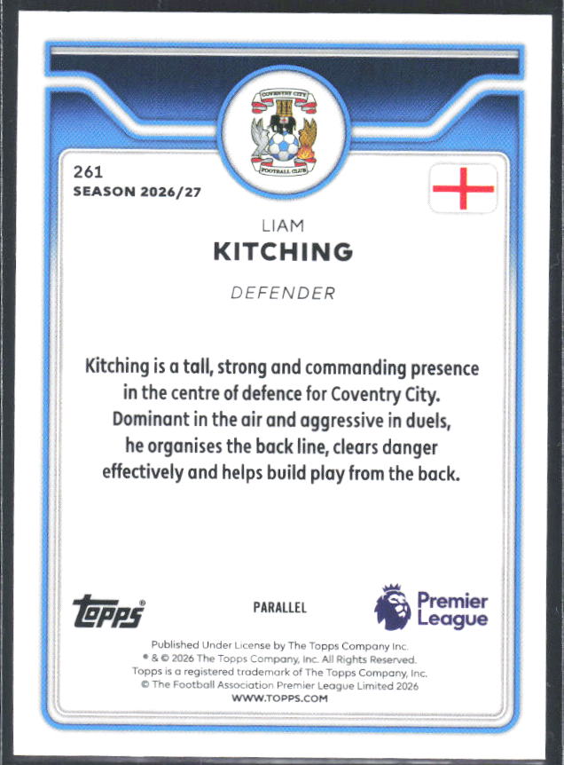 2026-27 Topps Premier League Liam Kitching #261 Rookie Blue /150 – baksida