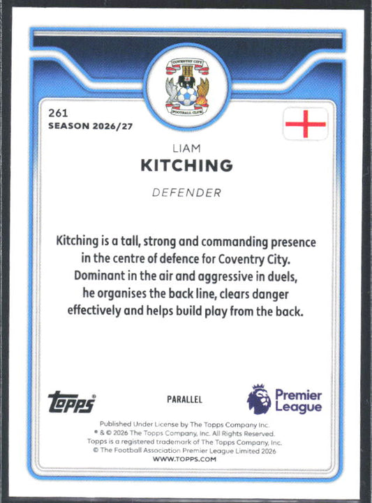 2026-27 Topps Premier League Liam Kitching #261 Rookie Blue /150 – baksida