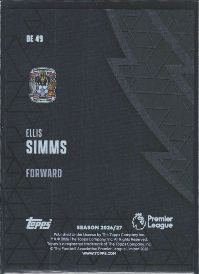 2026-27 Topps Premier League Ellis Simms #BE49 Black Edge Edition – baksida