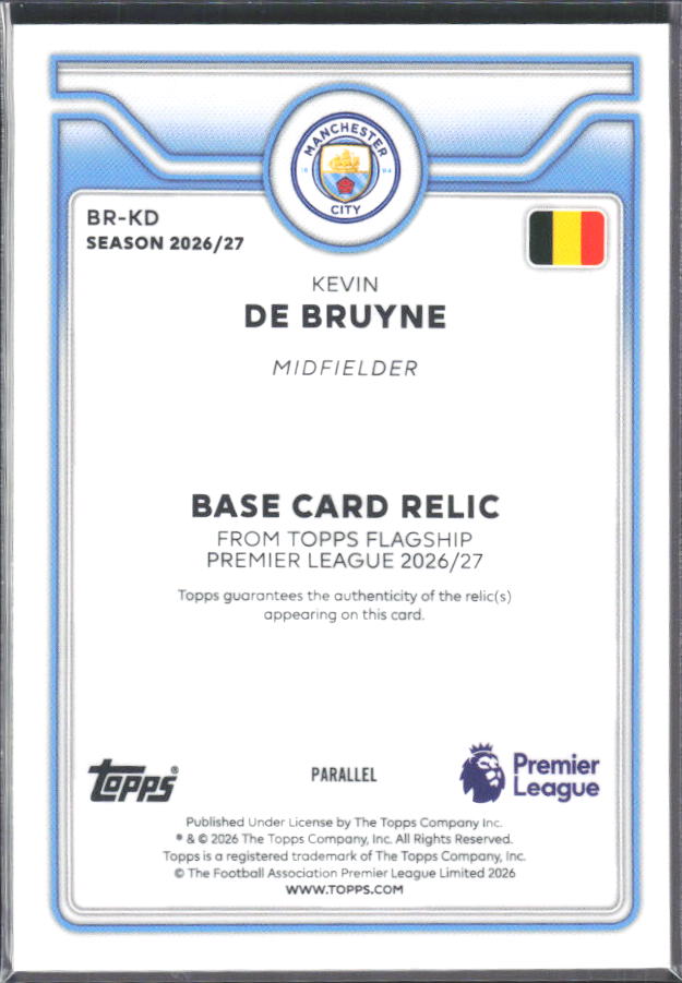 2026-27 Topps Premier League Kevin De Bruyne #BR-KD Relic Purple /199 – baksida
