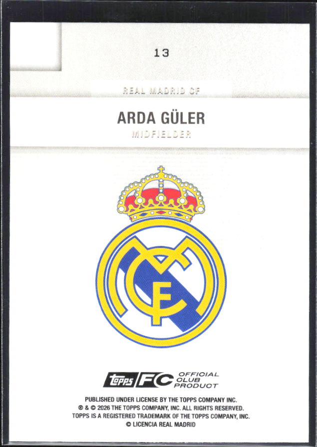 2025-26 Topps Real Madrid Team Set #13 Arda Güler – baksida