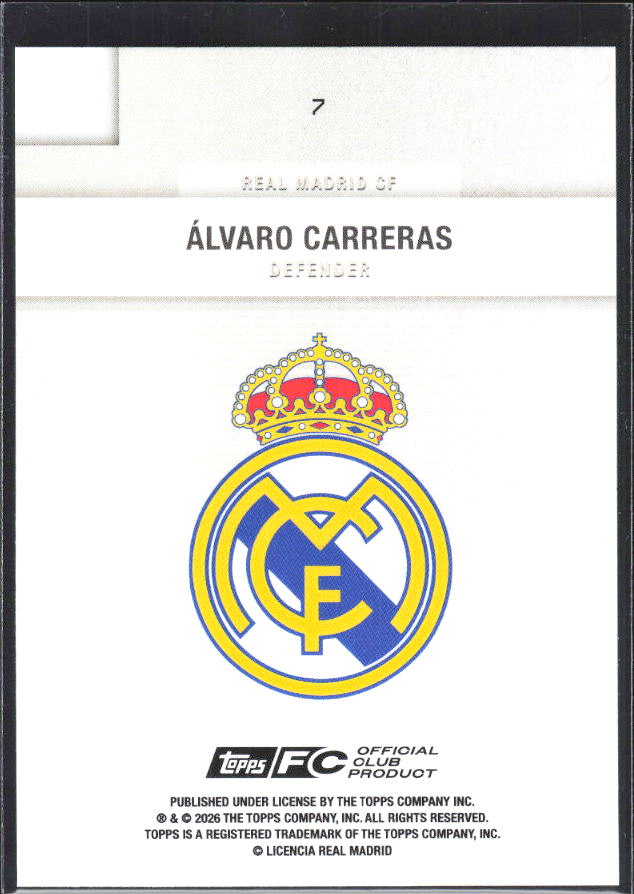 2025-26 Topps Real Madrid Team Set #7 Álvaro Carreras – baksida