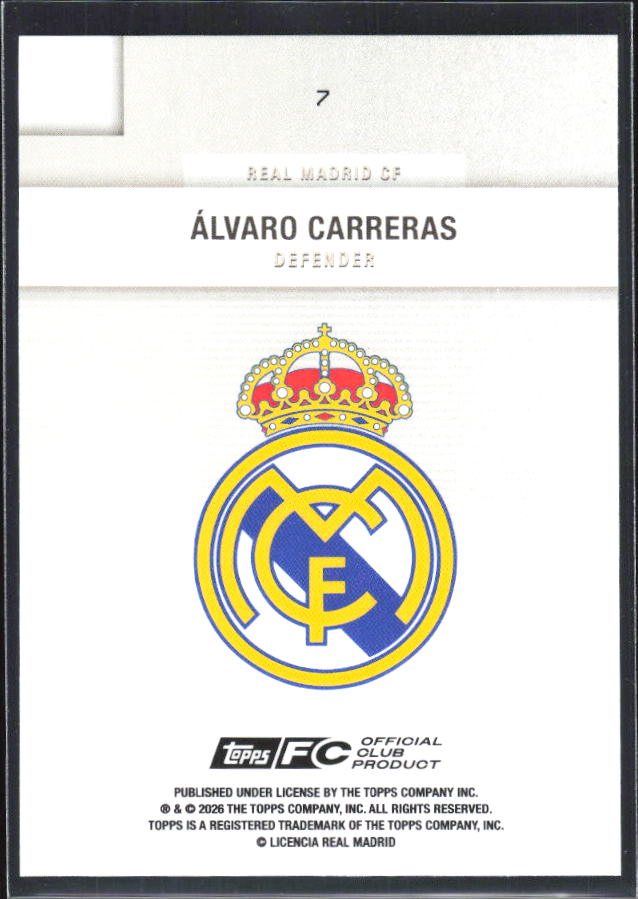 2025-26 Topps Real Madrid Team Set #7 Álvaro Carreras – baksida