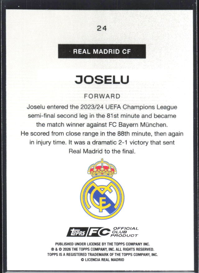 2025-26 Topps Real Madrid Team Set #24 Joselu – baksida