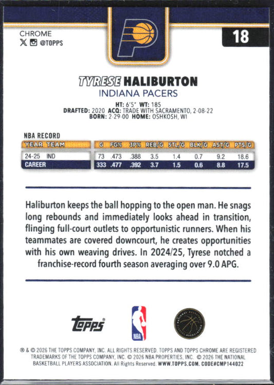 2025-26 Topps Chrome Update #18 Tyrese Haliburton Refractor – baksida