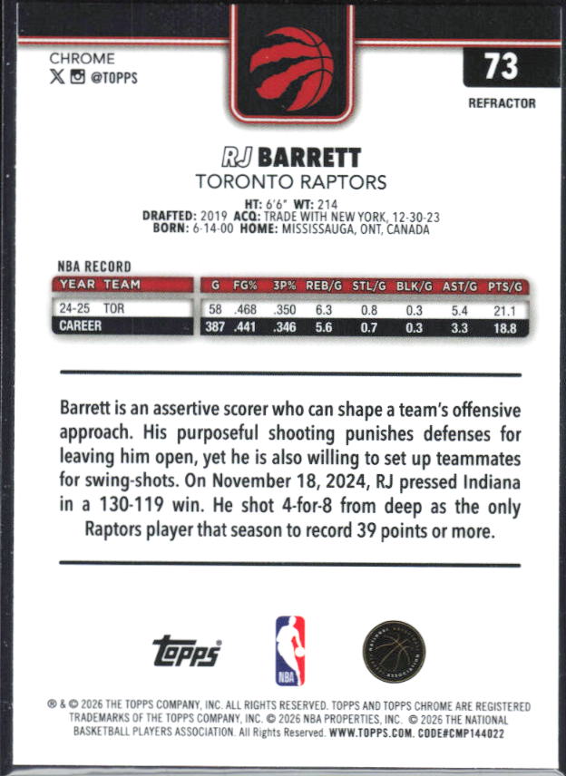 2025-26 Topps Chrome Update #73 RJ Barrett Refractor – baksida