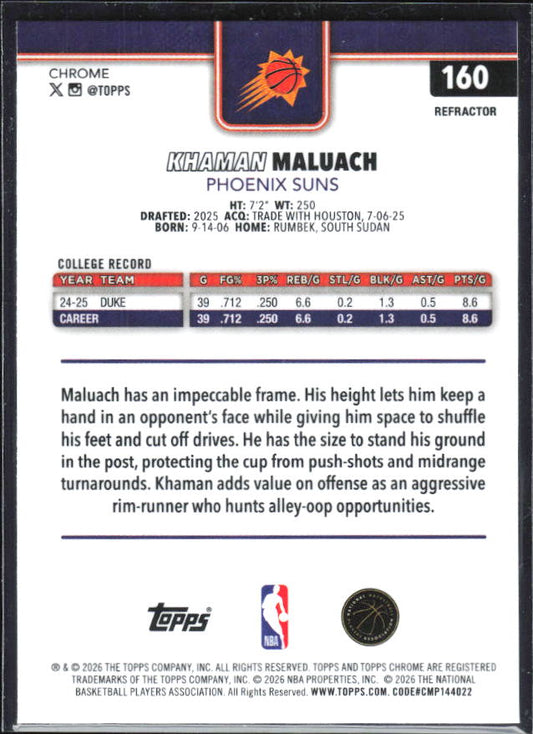 2025-26 Topps Chrome Update #160 Khaman Maluach Refractor – baksida