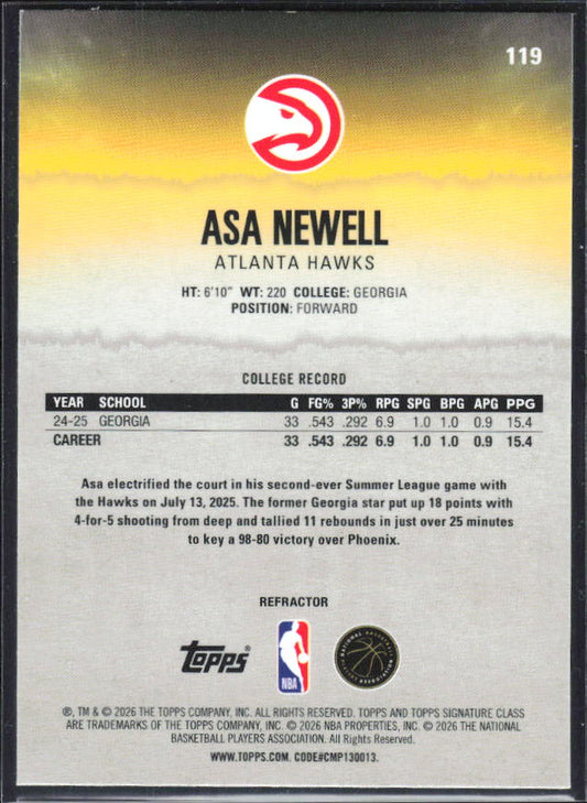 2025-26 Topps Signature Class #119 Asa Newell Chrome Refractor – baksida