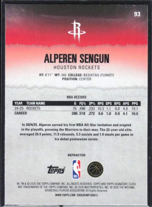 2025-26 Topps Signature Class #93 Alperen Sengun Chrome Refractor – baksida