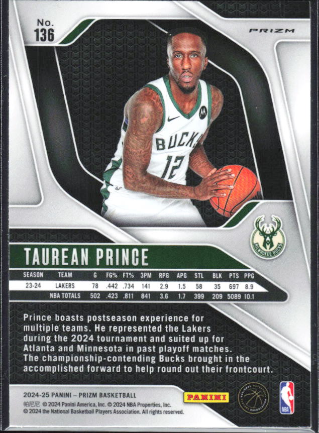 2024-25 Panini Prizm #136 Taurean Prince Silver Prizm – baksida