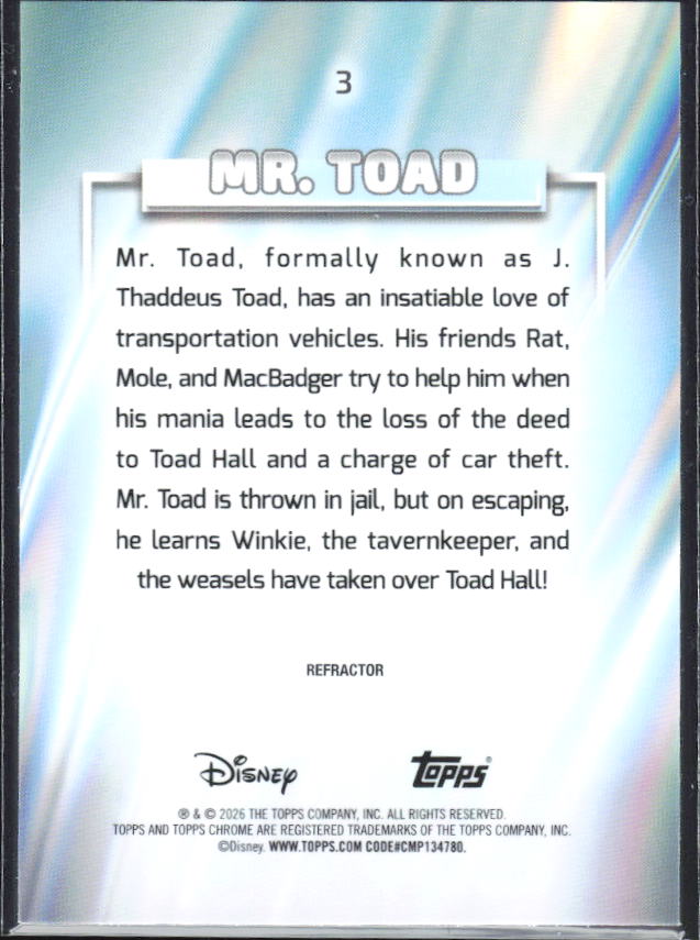2026 Topps Chrome Disney #3 Mr. Toad Refractor – baksida