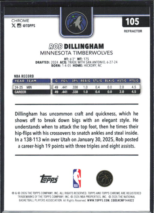 2025-26 Topps Chrome Update #105 Rob Dillingham Refractor – baksida