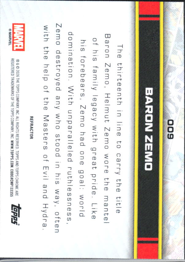 2026 Topps Chrome Marvel Comics #009 Baron Zemo Refractor – baksida