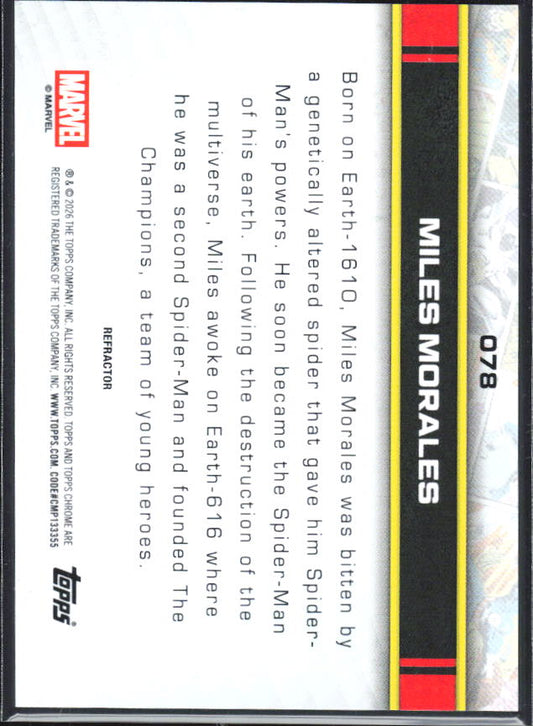 2026 Topps Chrome Marvel Comics #078 Miles Morales Refractor – baksida