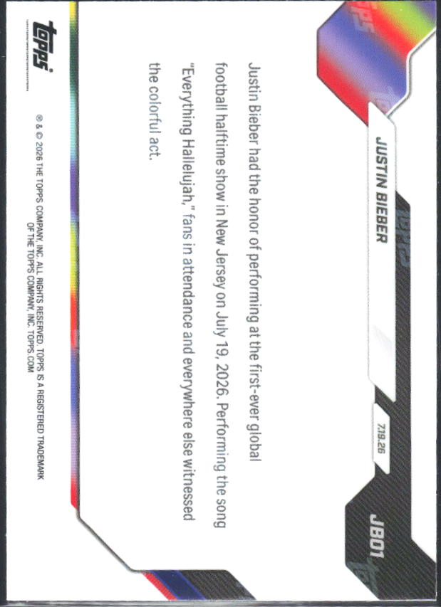 2026 Topps NOW #JB01 Justin Bieber – baksida