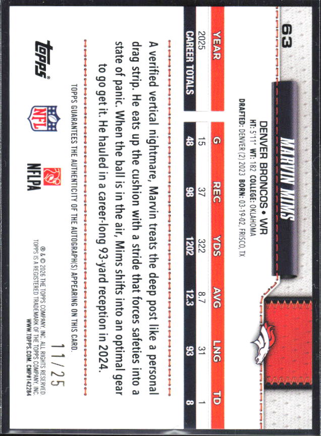 2026 Topps Flagship #63 Marvin Mims Autograph 11/25 – baksida