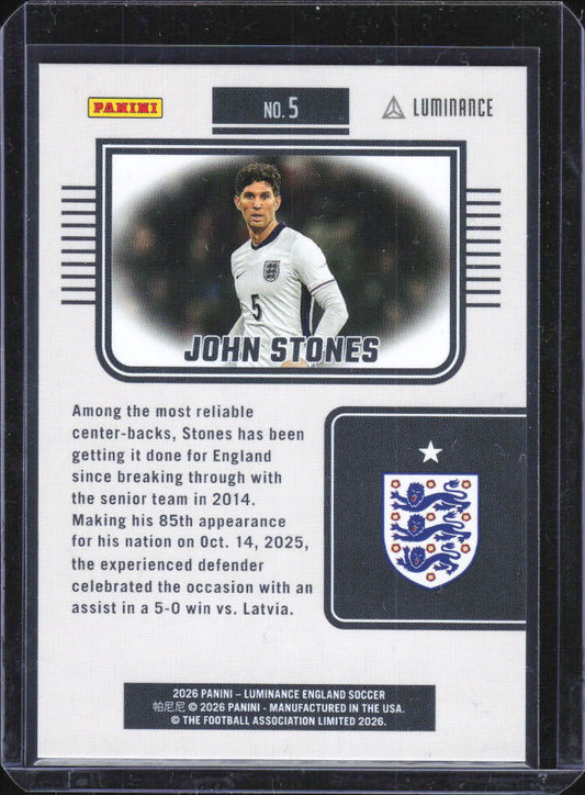 2026 Panini Luminance England #5 John Stones Black 1/2 – baksida