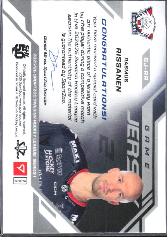2025-26 SportZoo SHL Series 1 #GJ-RR Rasmus Rissanen Game Jersey 45/50 – baksida