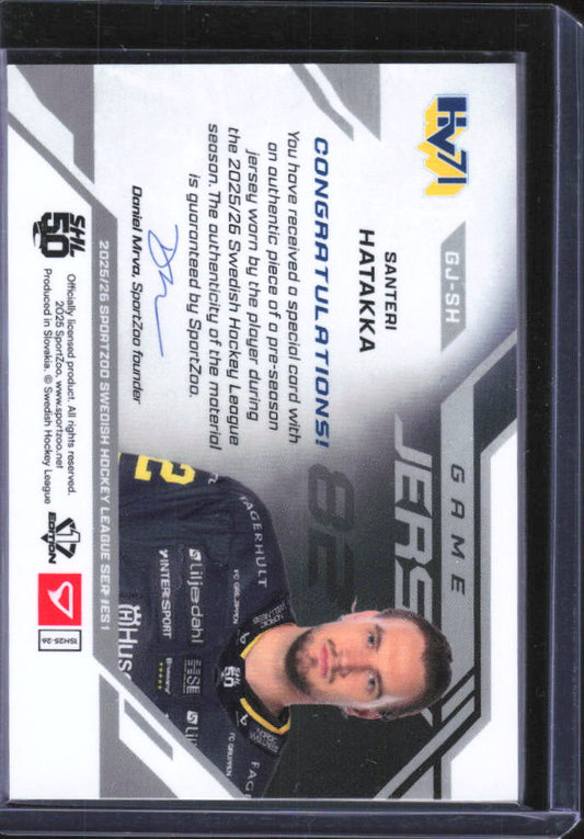 2025-26 SportZoo SHL Series 1 #GJ-SH Santeri Hatakka Game Jersey 14/50 – baksida