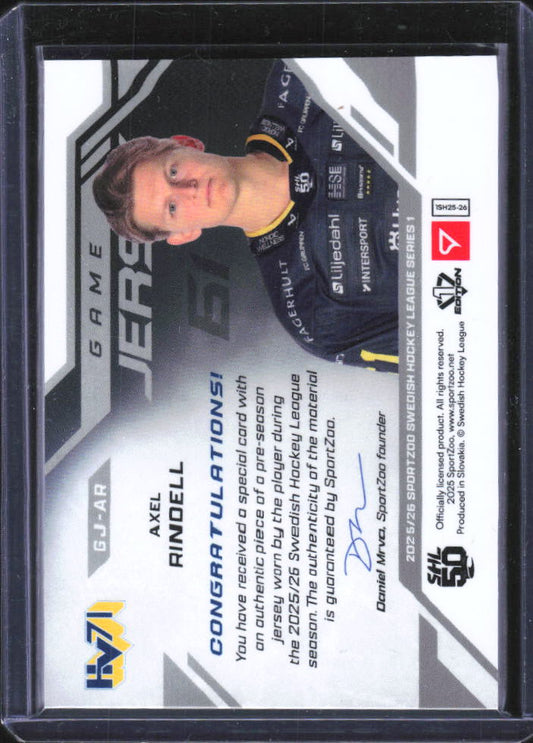 2025-26 SportZoo SHL Series 1 #GJ-AR Axel Rindell Game Jersey 27/50 – baksida