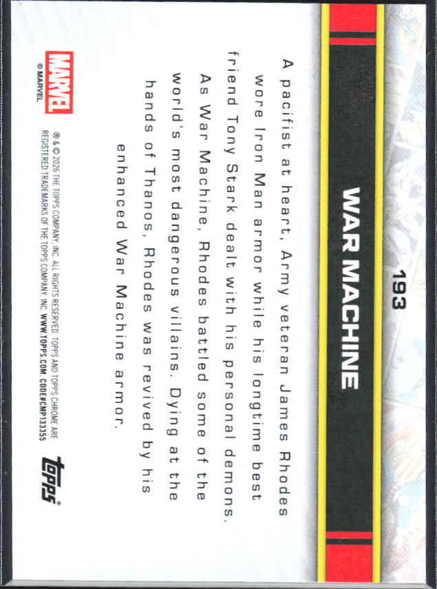 2026 Topps Chrome Marvel Comics #193 War Machine RayWave Refractor – baksida
