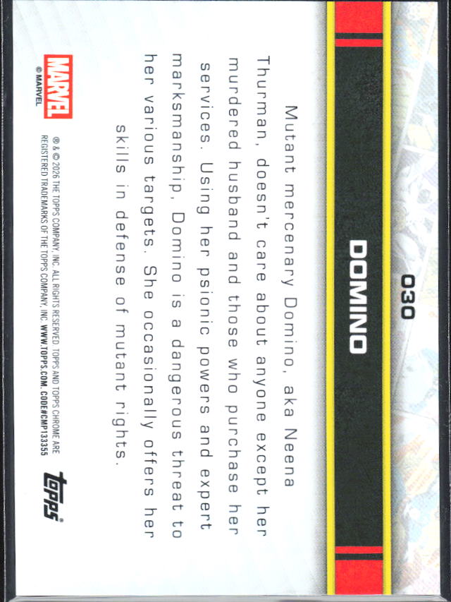 2026 Topps Chrome Marvel Comics #30 Domino RayWave Refractor – baksida
