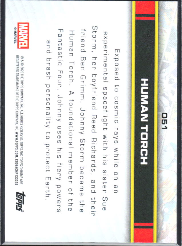 2026 Topps Chrome Marvel Comics #51 Human Torch RayWave Refractor – baksida