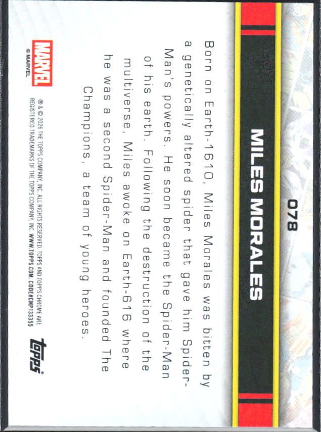 2026 Topps Chrome Marvel Comics #78 Miles Morales RayWave Refractor – baksida