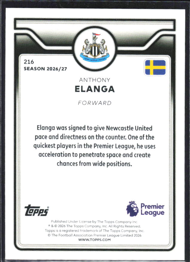 2026-27 Topps Premier League #216 Anthony Elanga – baksida