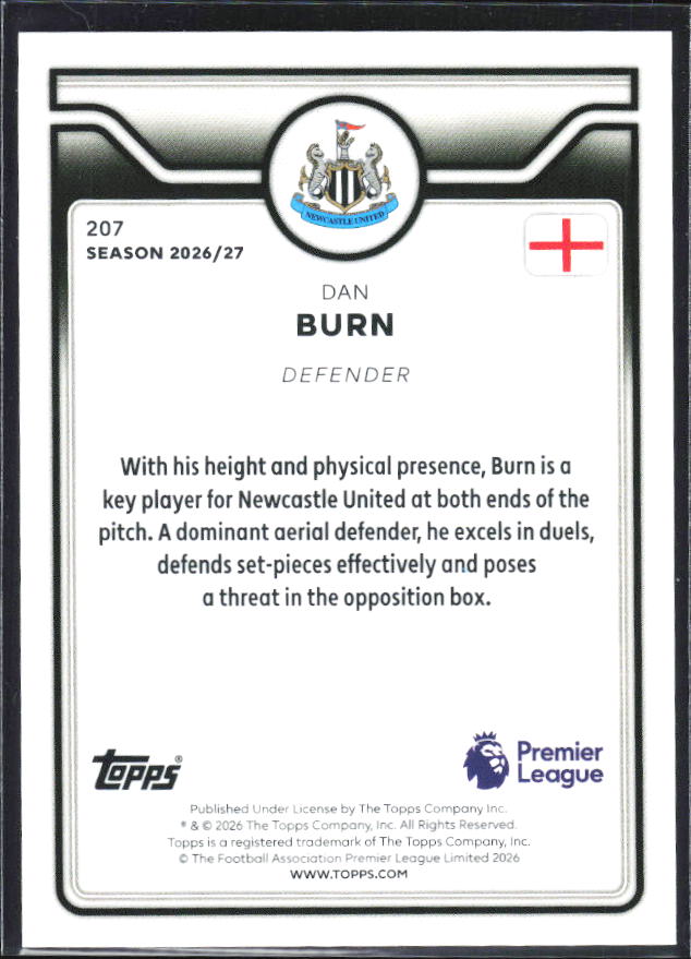2026-27 Topps Premier League #207 Dan Burn – baksida