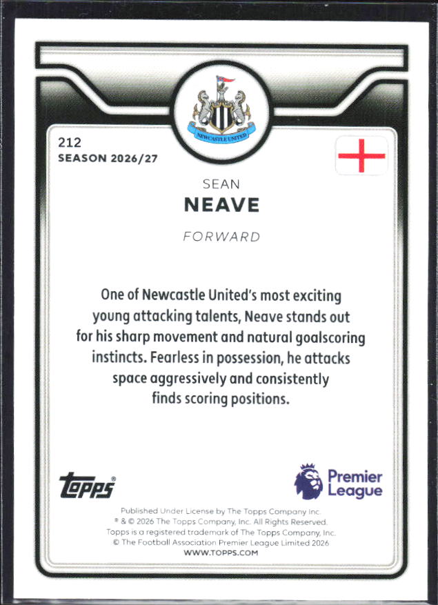 2026-27 Topps Premier League #212 Sean Neave – baksida