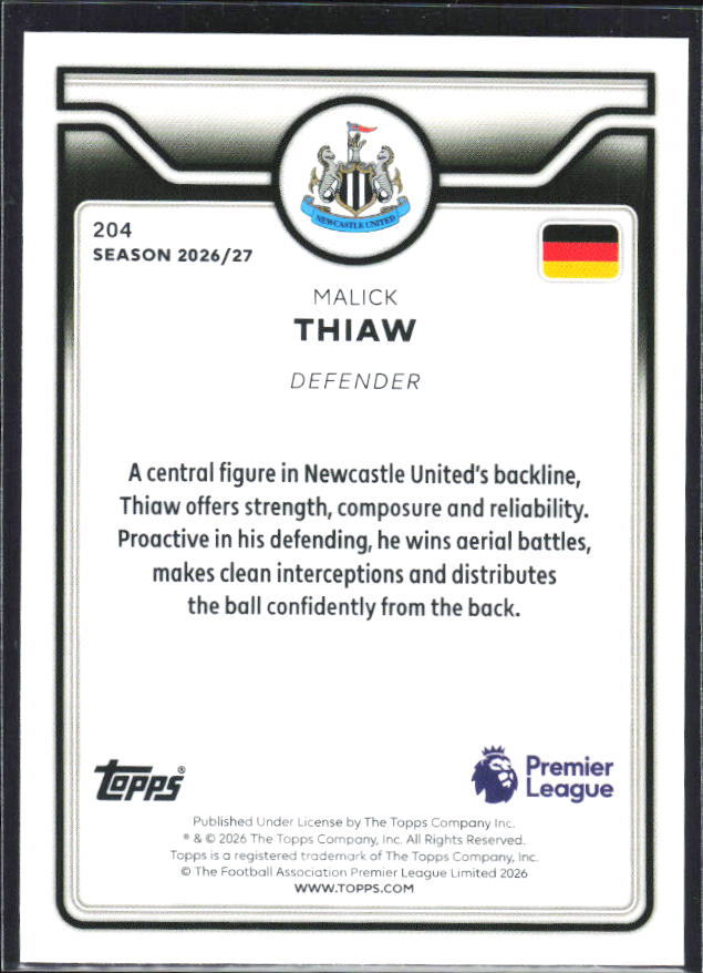 2026-27 Topps Premier League #204 Malick Thiaw – baksida