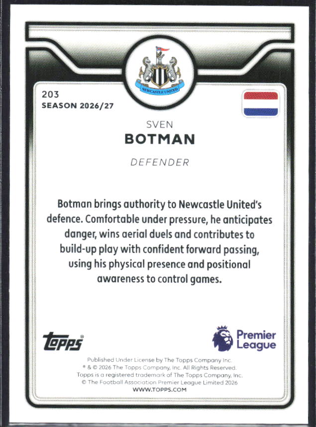 2026-27 Topps Premier League #203 Sven Botman – baksida