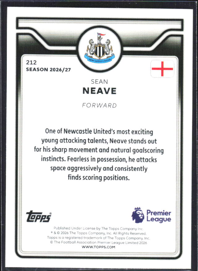 2026-27 Topps Premier League #212 Sean Neave – baksida